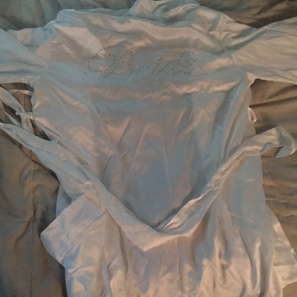Rhinestoned white satin bride robe with sash